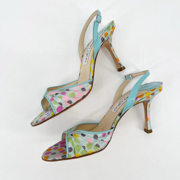 Vintage Y2K Jimmy Choo Multicolor Polka Dot Satin Slingback Peep Toe Heels IT 37 - Picture 4 of 10
